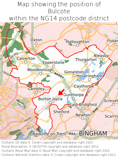 Map showing location of Bulcote within NG14