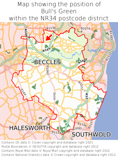 Map showing location of Bull's Green within NR34