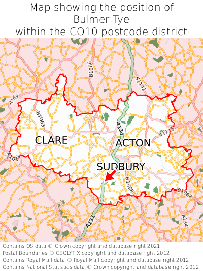 Map showing location of Bulmer Tye within CO10