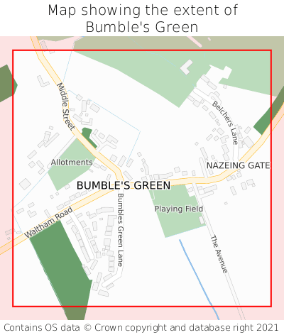 Map showing extent of Bumble's Green as bounding box