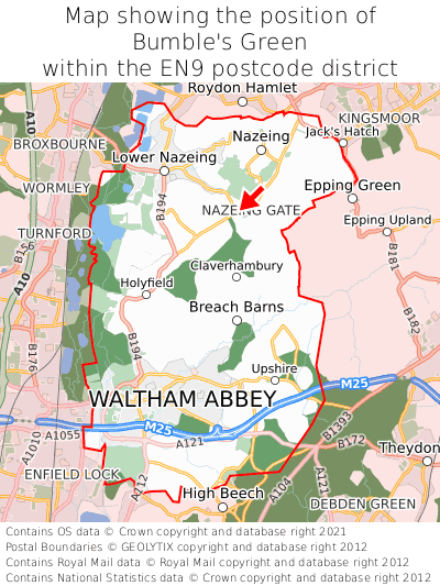 Map showing location of Bumble's Green within EN9