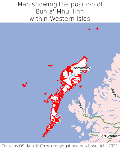 Map showing location of Bun a' Mhuillinn within Western Isles