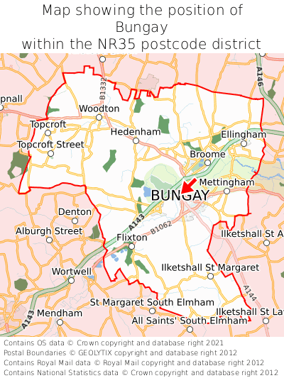 Map showing location of Bungay within NR35