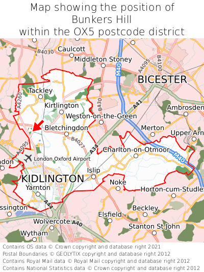 Map showing location of Bunkers Hill within OX5