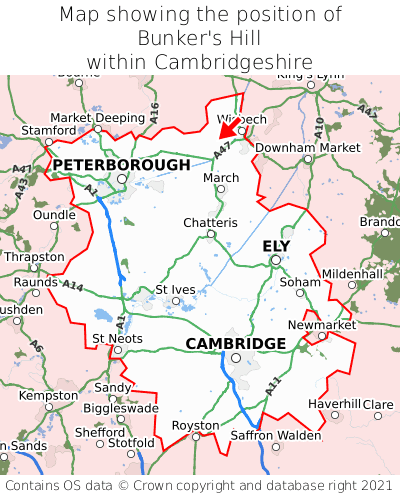 Map showing location of Bunker's Hill within Cambridgeshire
