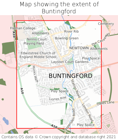 Map showing extent of Buntingford as bounding box