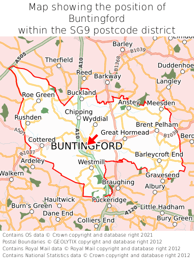 Map showing location of Buntingford within SG9