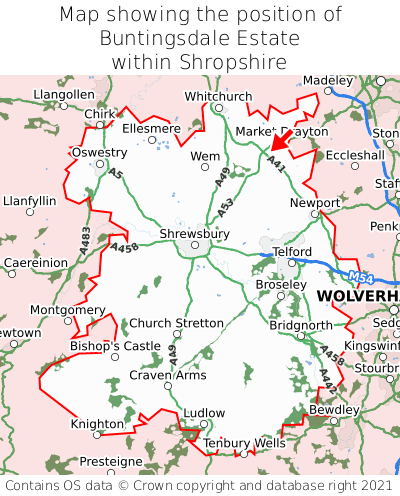Map showing location of Buntingsdale Estate within Shropshire