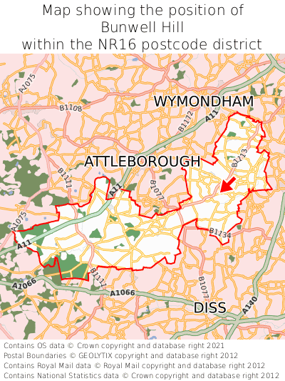 Map showing location of Bunwell Hill within NR16