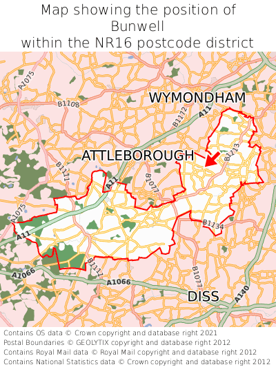 Map showing location of Bunwell within NR16