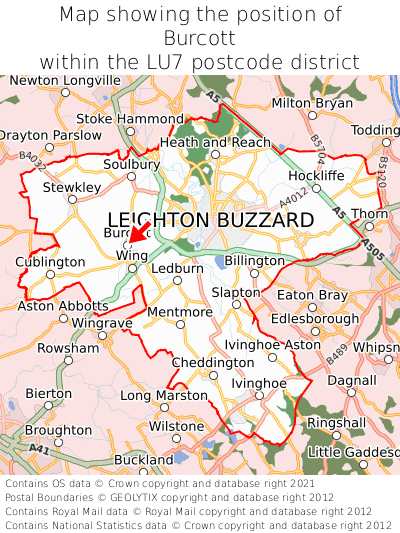 Map showing location of Burcott within LU7