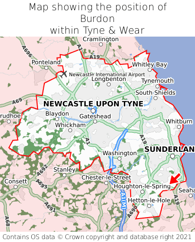 Map showing location of Burdon within Tyne & Wear