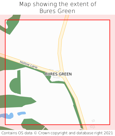 Map showing extent of Bures Green as bounding box