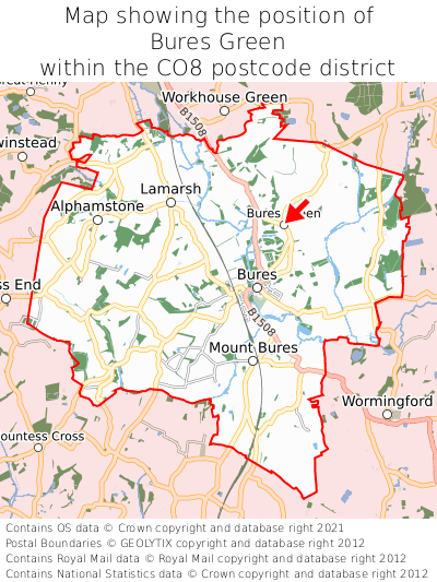 Map showing location of Bures Green within CO8