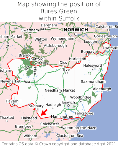 Map showing location of Bures Green within Suffolk
