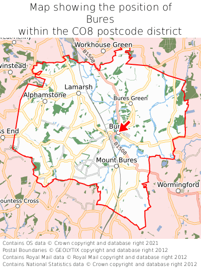 Map showing location of Bures within CO8