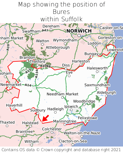 Map showing location of Bures within Suffolk