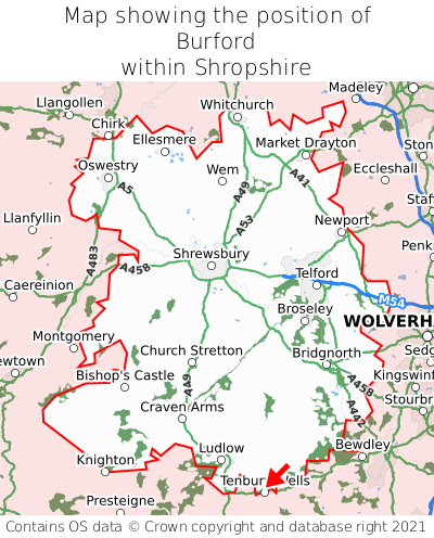 Map showing location of Burford within Shropshire