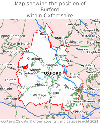 Map showing location of Burford within Oxfordshire