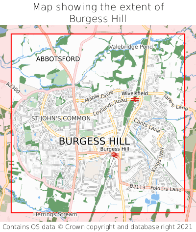 Map showing extent of Burgess Hill as bounding box