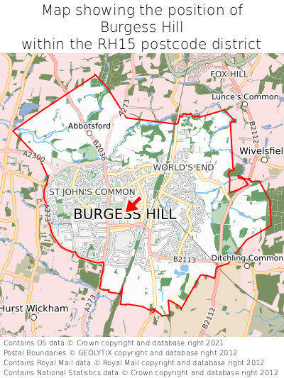 Map showing location of Burgess Hill within RH15