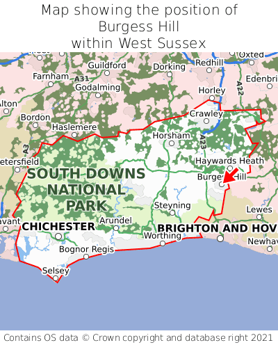 Map showing location of Burgess Hill within West Sussex