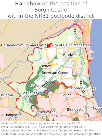 Map showing location of Burgh Castle within NR31