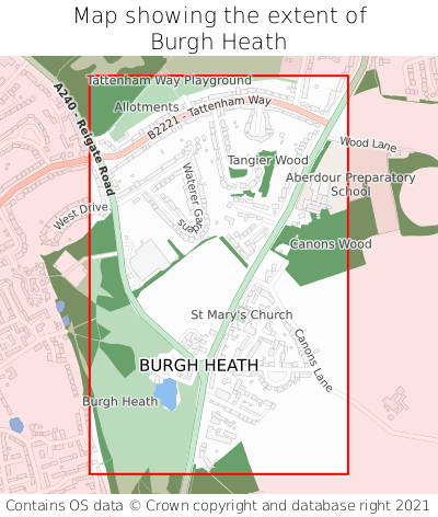 Map showing extent of Burgh Heath as bounding box