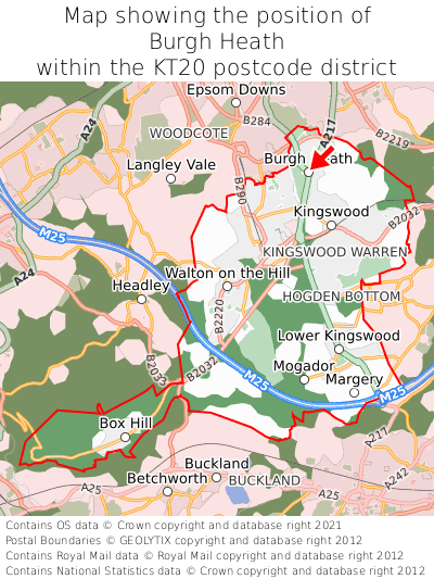 Map showing location of Burgh Heath within KT20