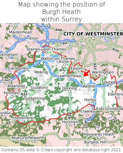 Map showing location of Burgh Heath within Surrey