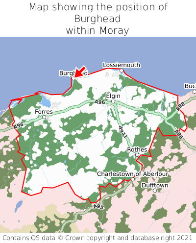 Map showing location of Burghead within Moray