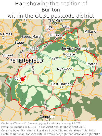 Map showing location of Buriton within GU31