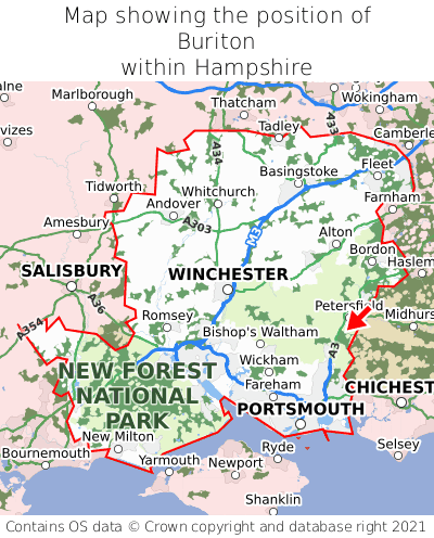 Map showing location of Buriton within Hampshire