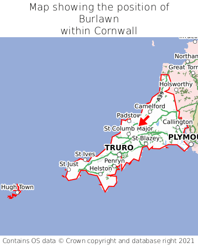 Map showing location of Burlawn within Cornwall