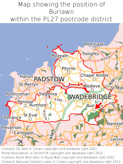 Map showing location of Burlawn within PL27
