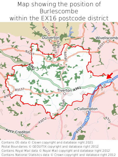 Map showing location of Burlescombe within EX16