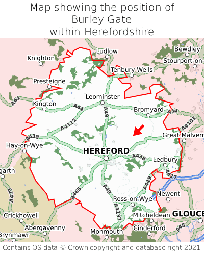 Map showing location of Burley Gate within Herefordshire