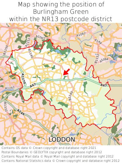 Map showing location of Burlingham Green within NR13