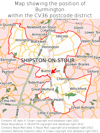 Map showing location of Burmington within CV36