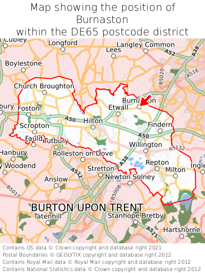 Map showing location of Burnaston within DE65