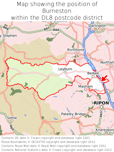 Map showing location of Burneston within DL8