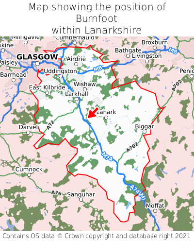 Map showing location of Burnfoot within Lanarkshire