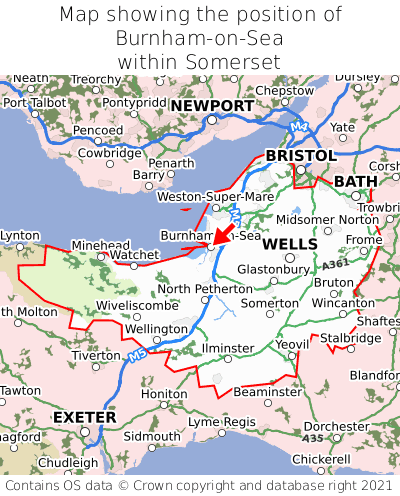 Map showing location of Burnham-on-Sea within Somerset