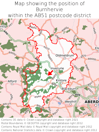 Map showing location of Burnhervie within AB51
