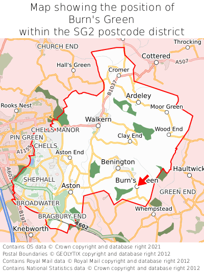 Map showing location of Burn's Green within SG2