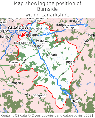 Map showing location of Burnside within Lanarkshire