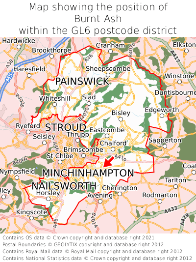 Map showing location of Burnt Ash within GL6