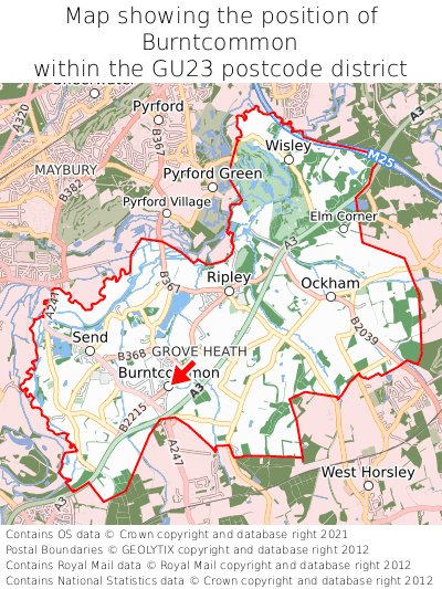 Map showing location of Burntcommon within GU23