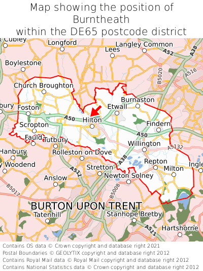 Map showing location of Burntheath within DE65