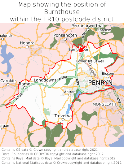 Map showing location of Burnthouse within TR10